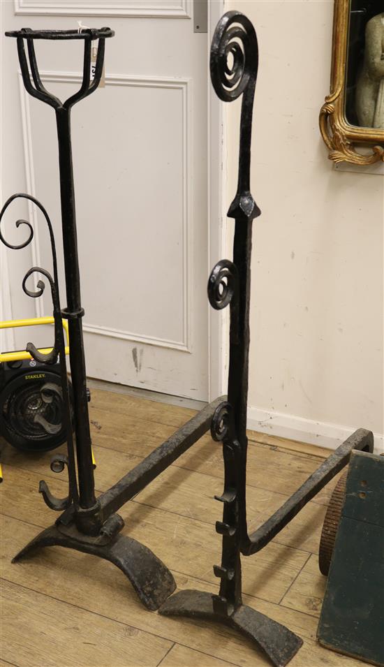 Two wrought iron andirons W.38cm and 28cm